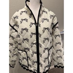 Quilted Trimmed Bow Pattern Jacket with Pockets-Large